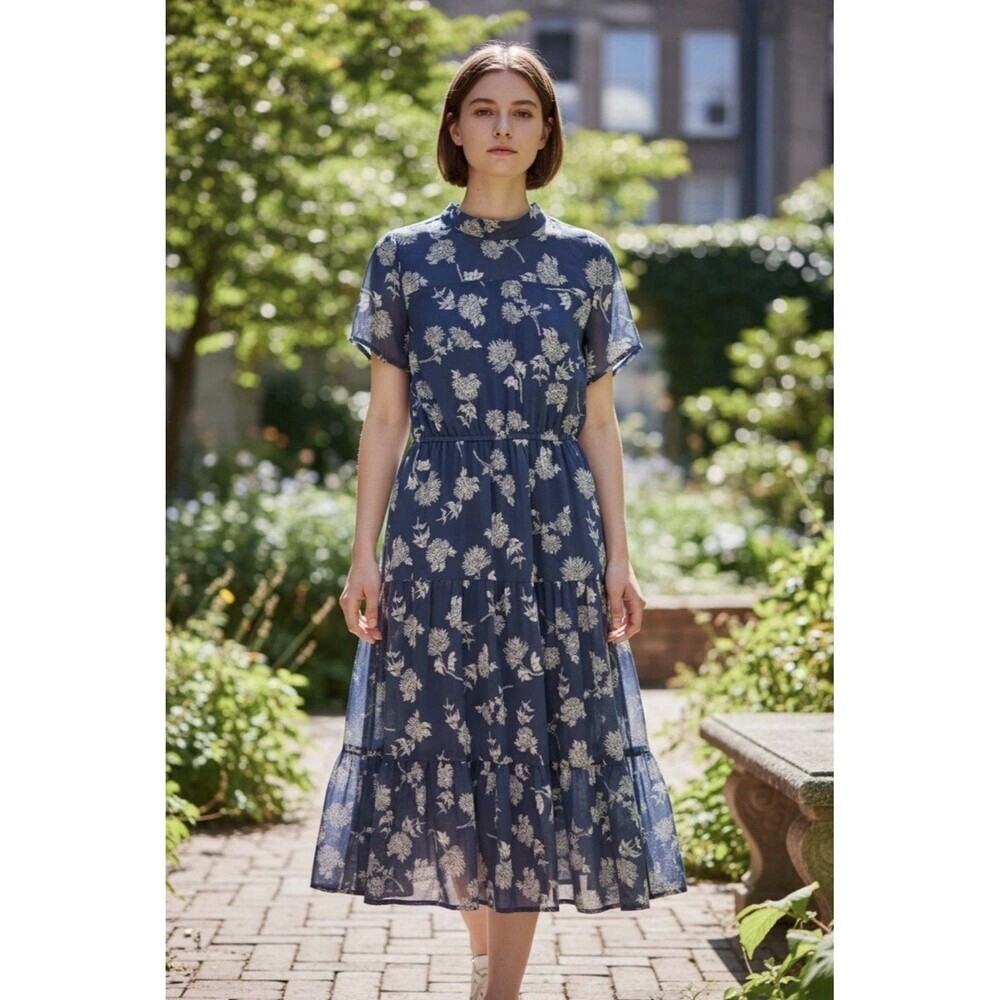 Lulus Dressed Up Dusty Blue Floral Tiered Midi Dress Cottagecore Prairie small